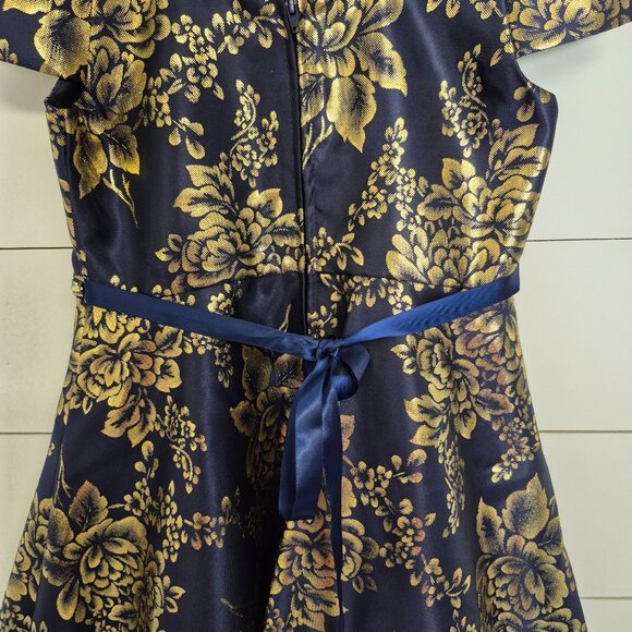Navy & Gold Floral High-Low Dress With Beaded Waist & Cold Shoulder Straps - Picture 6 of 8